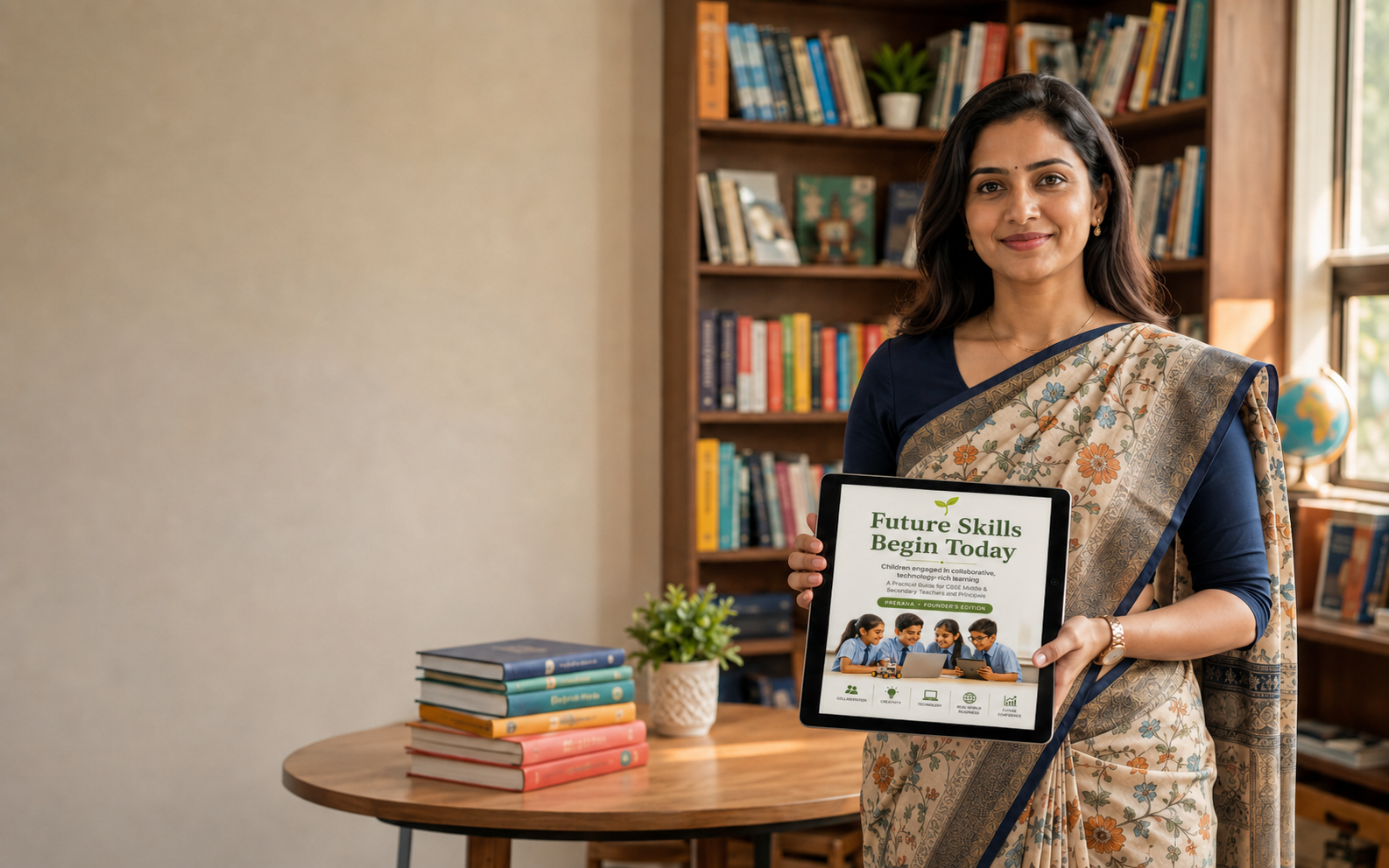Indian teacher reading a Digi Book on a tablet